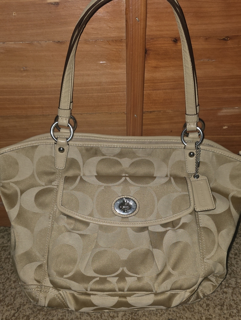 Coach Beige Signature Shoulder Bag with Silver Turnlock